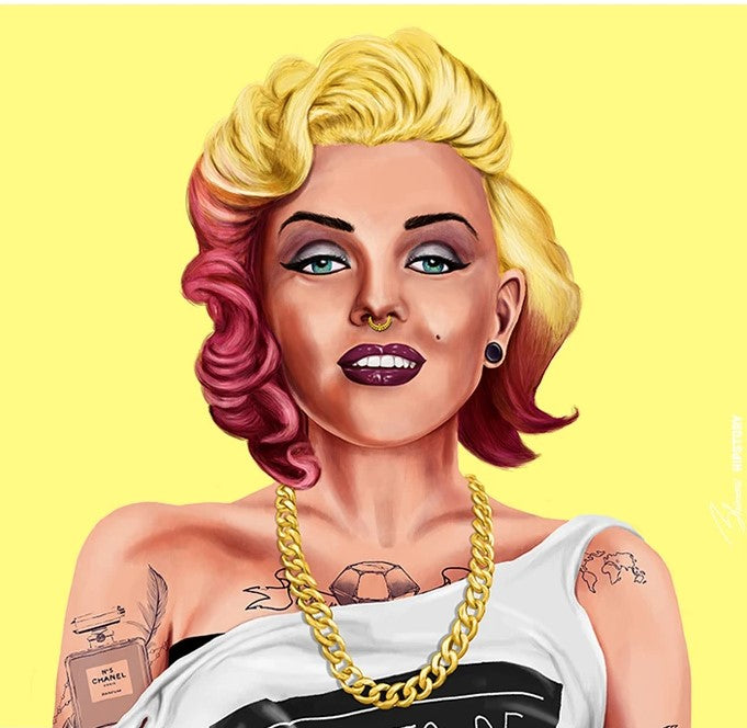 This digital illustration, part of our Decor Series, depicts a person with short, styled hair that's blonde on one side and pink on the other. They wear a white off-the-shoulder top, a chunky gold necklace, and sport various tattoos against a solid yellow background. Perfect for an art print on Marilyn by Hipstory by GIFT matte art paper.