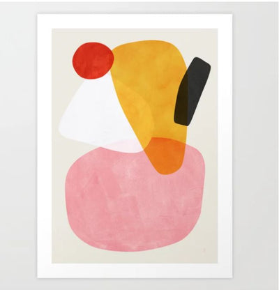This vibrant abstract art print from our Gallery Series, "Mikado by Tracie Andrews" by GAP, features overlapping geometric shapes: a red circle atop a white triangle, adjacent to an orange and yellow irregular form with a black rectangle on top. Below, a large pink oval rests against a light beige background. Perfect for those seeking large art prints.