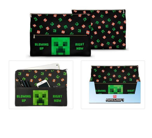 Two durable, black pouch bags from the Blue Dog Posters brand feature a Minecraft theme with designs of Creeper faces and TNT blocks. One bag includes the text "BLOWING UP RIGHT NOW." These licensed jumbo iPad pencil cases measure 33x25cm and are perfect for storing items like tablets, phones, and other small accessories. The bottom two images show the pouches open.