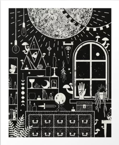 Moon Altar by Camille Chew from our Gallery Series features a monochromatic illustration of a mystical room with a window showcasing a starry night sky and hanging moon. Shelves filled with eclectic objects—books, plants, candles, crystals, and oddities—adorn the walls while a chest of drawers occupies the bottom space. This art print is available on archival paper from Blue Dog Posters.