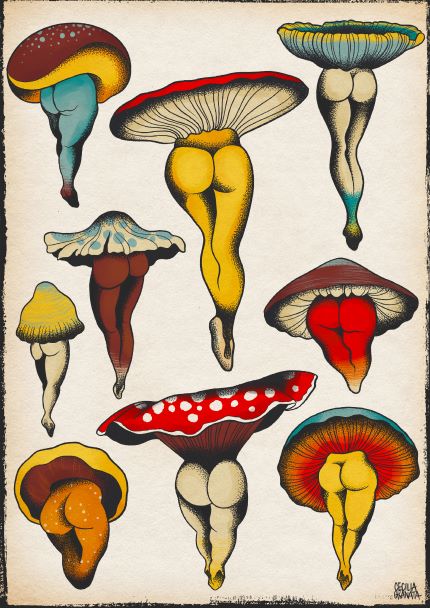 The "Sexy Mushrooms" art print by Ceci Tattoos, available from Blue Dog Posters, showcases a unique and imaginative design featuring nine mushrooms with stems resembling human legs and buttocks. The mushrooms vary in color and size, blending elements of mycology and human anatomy against a beige background. This print is part of the Featured Artists Collection and is printed on 250gsm satin paper.