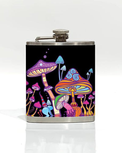 The Mushrooms Hip Flask by Blue Dog Posters showcases a colorful, psychedelic illustration of various whimsical mushrooms. With vibrant neon hues and intricate patterns set against a black background, this stainless steel hip flask offers a fantasy-like appearance—making it a standout piece in our Cool Gifts Collection.