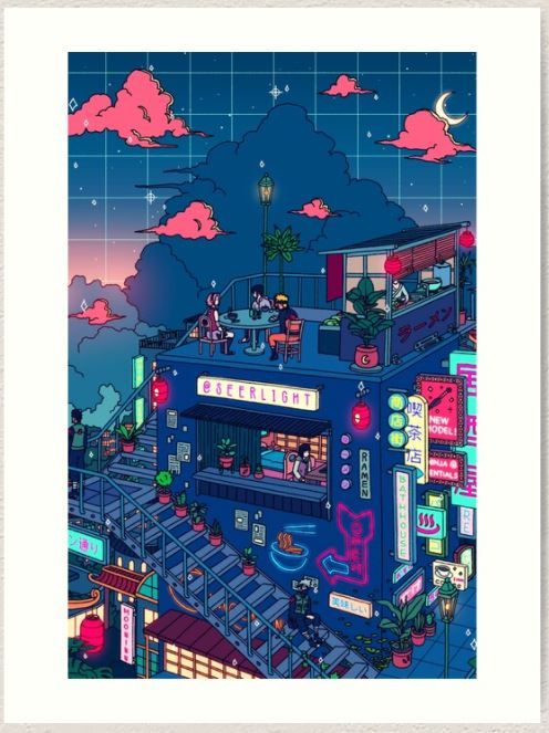 The vibrant and animated cityscape illustration in "Neon Village by Seerstuff" showcases a multi-story building adorned with neon signs and terraces. Under a starry sky with pink clouds, people socialize in a rooftop bar. This art print captures the colorful, lively urban nightlife ambiance, making it perfect for any GAP Gallery Series on archival paper.