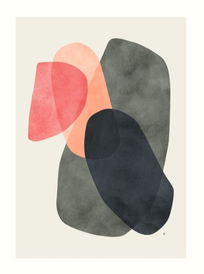 The "Nomad" art piece by Tracie Andrews from Blue Dog Posters' Gallery Series features overlapping, translucent shapes. A red oval, a peach semicircle, a gray rectangle, and a black oval form an overlapping composition. The soft, blurred edges and muted colors create a harmonious visual effect on high-quality archival paper.