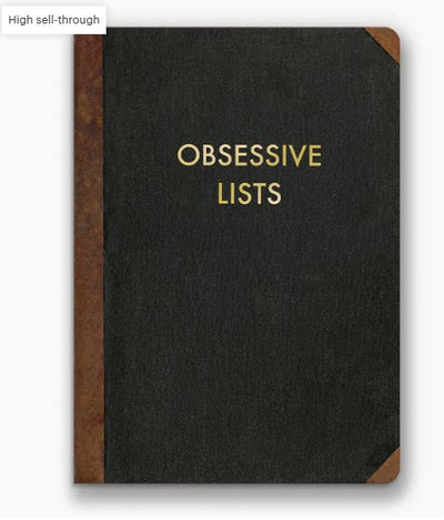 The Obsessive Lists Journal by Blue Dog Posters is a black notebook with brown accents and rounded corners. It features a gold foil-stamped cover that reads "Obsessive Lists." Inside, the journal has ruled pages, making it perfect for organizing your thoughts.