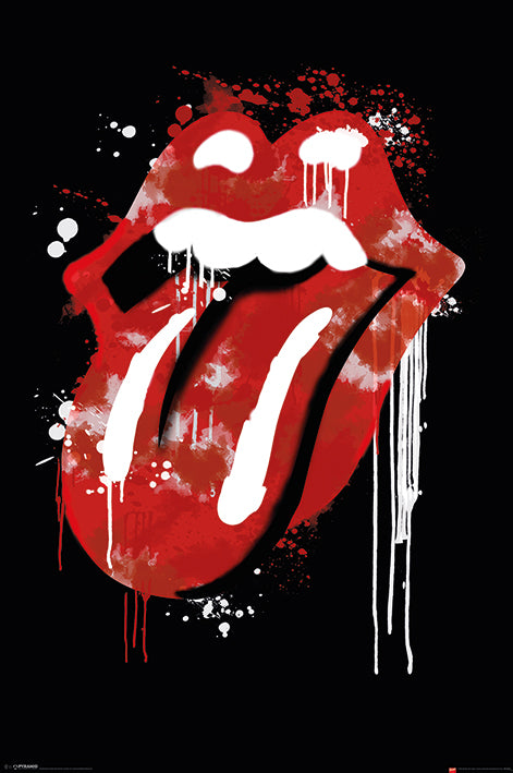 The Rolling Stones Graffiti Lips by MUS 305 features a stylized graphic of an open mouth with a red tongue sticking out, set against a black background. The design includes white paint splatters and drips, giving it an urban, graffiti-like appearance—perfect for any rock poster in your collection.