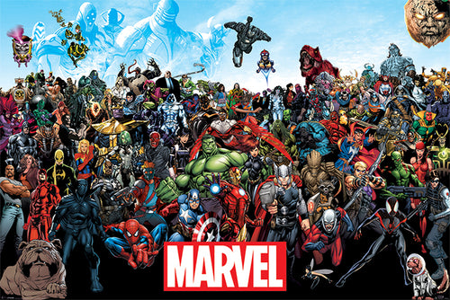 This Marvel Comics Universe poster by MTV 386 features a vibrant collage of various Marvel superheroes and villains, such as Spider-Man, Hulk, Captain America, and Iron Man. The Marvel logo is prominently displayed at the bottom center of the image, making it a standout piece for any Movies & TV collection.