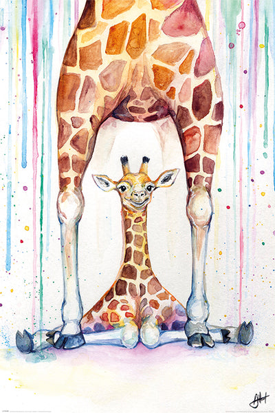 A colorful watercolor poster titled "Marc Allante Giraffe" by ART 022 depicts a baby giraffe sitting with its legs splayed between the legs of a larger giraffe. The background features vibrant drips and splashes of paint, adding to the playful atmosphere of this art & decor piece.