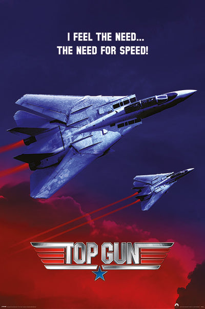 Poster of "Top Gun" featuring two fighter jets soaring upwards against a dramatic sky gradient from blue at the top to red at the bottom. The text "I feel the need... the need for speed!" is written above the jets, with the "Top Gun" logo at the bottom. A must-have for any Movies & TV Collection! This is none other than Top Gun Need for Speed by MTV!