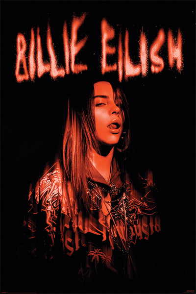 An artistic image of a person with long hair, illuminated in red light, sticking out their tongue. The person is wearing layered clothing, including a patterned jacket. The text "Billie Eilish Sparks" appears in a glowing, scribbled font at the top of this striking pop poster by MUS 170.