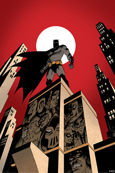 Batman gazes over the city in MTV 358’s Batman Villain Skyline Poster. Against a red sky and moon, black-and-white portraits of comic villains decorate the buildings—an iconic DC Universe piece for any Movies & TV Collection.
