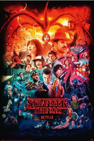 The "Stranger Things Seasons Montage" poster by MTV showcases main characters, supernatural elements, and the Demogorgon in vivid red and blue hues, with the series title at the bottom as part of our Movies & TV Collection.