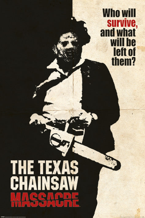 The MTV 385 "Texas Chainsaw Massacre" poster depicts a figure with a chainsaw against a black-and-white background. Red text asks, "Who will survive, and what will be left of them?" This iconic piece is printed on premium 150gsm gloss paper.