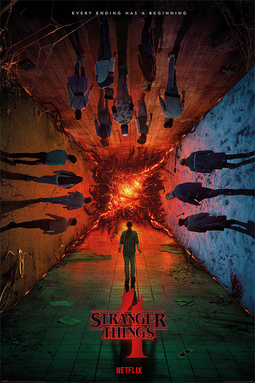 Poster for "Stranger Things 4 - Every Ending has A Beginning". A person stands at the center, gazing into a portal with mirrored reflections above and around. Printed on premium 150gsm gloss paper, this TV show poster features the tagline “Every Ending Has A Beginning” at the top and the Netflix logo displayed at the bottom. Available under the brand name MTV 318.
