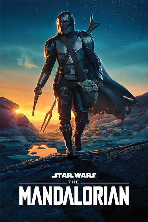 A character in futuristic armor walks across rugged terrain at sunset, holding a weapon in one hand. A green creature peeks out from a pouch hanging from the character's side. The text "Star Wars: The Mandalorian - Nightfall" is displayed at the bottom, showcasing this high-quality printing as part of the MTV 059 Movies & TV Collection.