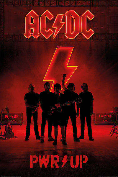 The MUS 141 AC/DC - Power Up poster shows five band members in silhouette beneath a glowing red AC/DC logo with a lightning bolt, flanked by “PWR/UP” amps and guitars. “PWR/UP” text below makes it an iconic piece for any music collection.