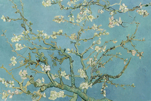 The Van Gogh Almond Blossom by MEZ 112 is a classic art poster that showcases an almond tree branch in full bloom against a turquoise sky. The branches twist and contort gracefully, adorned with delicate white blossoms tinged with hints of pink. The uniformly blue background highlights the intricate details of the flowering tree beautifully.
