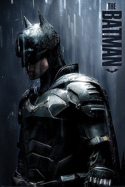 A figure dressed as Batman, wearing a dark armored suit with a bat emblem on the chest, stands in the rain. The background is dimly lit, enhancing the dramatic ambiance. The title "The Batman Downpour" is displayed vertically on the right side of this MTV 396 poster from the DC Universe Collection, printed on premium 150gsm gloss paper.