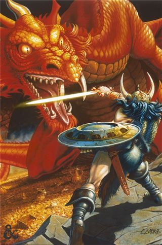 A warrior wearing a horned helmet, fur cape, and wielding a shield and sword confronts a large, roaring red dragon with sharp teeth. The scene appears intense, with the dragon standing over a pile of gold coins and the warrior ready to strike in this stunning Dungeons & Dragons - Classic Red Dragon poster printed on premium 150gsm gloss paper by GAM 006.