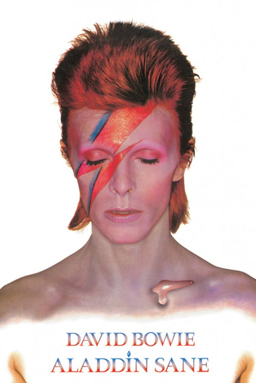 The image shows a person with a striking red and blue lightning bolt painted across their face, with closed eyes and vibrant makeup. They have spiky red hair and appear without a shirt. Below them, the text reads "David Bowie Aladdin Sane." Perfect for any Music Collection, this David Bowie - Aladin Sane by MUS 030 is printed on premium 150gsm gloss paper.