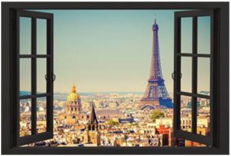 The "Paris Window" poster by NAT presents a stunning view of Paris through an open window, featuring the Eiffel Tower prominently in the background and other iconic landmarks gracing the skyline against a clear blue sky.