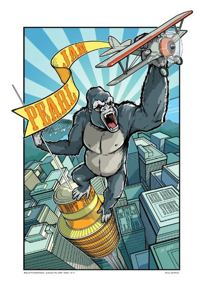 Illustrated image of a giant gorilla atop a tall skyscraper in a cityscape, gripping a classic red biplane in its left hand. The gorilla roars with its mouth open wide. A banner reading "PEARL JAM" wraps from the gorilla's right chest to the top left corner. Pearl Jam King Kong Acer Arena Sydney by Blue Dog Posters.