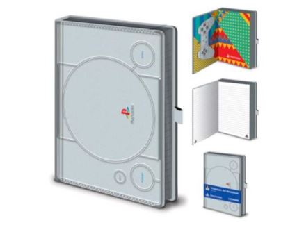 An image showcasing the A5 Premium Notebook - PlayStation by Blue Dog Posters, meticulously designed to resemble a classic PlayStation console. The notebook features a light gray, high-quality hard cover adorned with PlayStation branding. Adjacent smaller images display the lined interior pages and different angles of this perfect stationery gift.