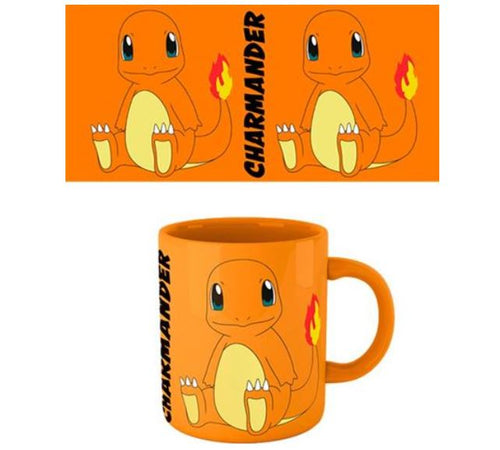 Introducing the Pokemon Charmander Coloured Mug from Blue Dog Posters' Homewares Collection. This ceramic mug showcases three vibrant images of Charmander, each accompanied by its name written vertically in black. The adorable Pokémon character is depicted sitting with a flame on its tail, making it a perfect addition to your collection.