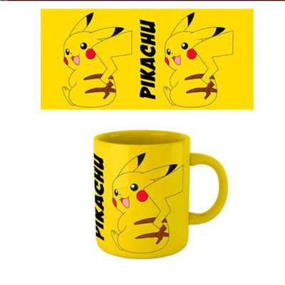 The Pokemon Pikachu Coloured Mug by Blue Dog Posters shines in bright yellow, featuring Pikachu from Pokémon with its smiling face and red-highlighted cheeks. The name "PIKACHU" is displayed vertically in bold black letters beside the character. As part of the Homewares Collection, this dishwasher-safe mug boasts the same cheerful design around the top view.
