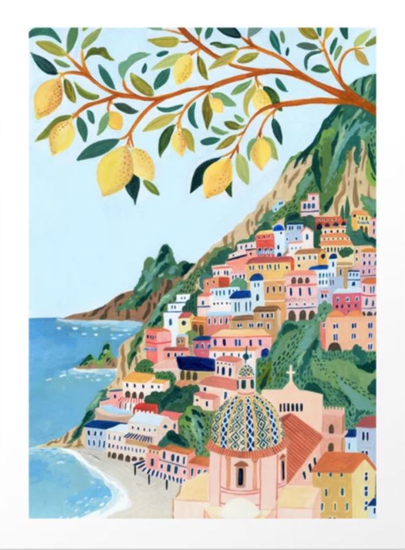 Positano Italy by Ambers Textiles from the GAL40 brand captures a coastal town's vibrant hillside buildings and sea view, framed by lemons and leaves. Part of our Gallery Series, it highlights a domed church against scenic mountains.