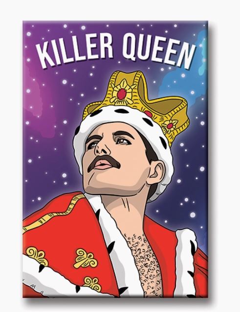 Illustration of a person in royal attire, wearing a crown and red cape with white fur trim, looking upwards. The background features a starry purple sky, resembling cosmic fridge magnets. At the top, the text "KILLER QUEEN" is prominently displayed. This is part of the Blue Dog Posters' Freddie Killer Queen Magnet collection.
