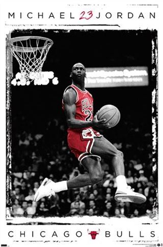 A basketball player in a red Chicago Bulls jersey with the number 23 is mid-air, holding a basketball as he prepares to dunk. The name "Michael Jordan" and "Chicago Bulls" are displayed at the top and bottom of this Chicago Bulls - Michael Jordan Dunk poster by SPO 027, printed on premium 150gsm gloss paper.