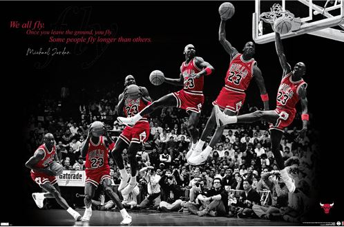 A striking collage featuring a basketball player in a red Chicago Bulls jersey, captured in a series of dynamic leaps towards the basket. This image is printed on premium gloss paper with bold text above stating: "We all fly. Once you leave the ground, you fly. Some people fly longer than others." - Michael Jordan. Part of SPO 003’s Sport Collection Basketball Poster series, titled "Michael Jordan Fly.