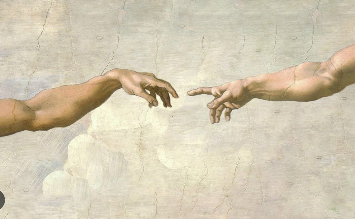 Introducing the exquisite "Creation of Adam Hands Michelangelo" poster by MEZ 116. This stunning artwork features two hands reaching towards each other but not quite touching—the left hand emerging from a robust arm on the left side, while the right hand extends from the right side—all set against a light, cloudy backdrop. A perfect addition for Art & Decor enthusiasts.