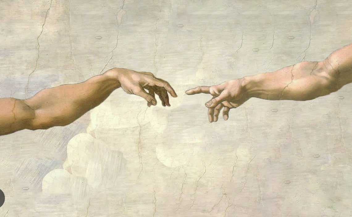 Introducing the exquisite "Creation of Adam Hands Michelangelo" poster by MEZ 116. This stunning artwork features two hands reaching towards each other but not quite touching—the left hand emerging from a robust arm on the left side, while the right hand extends from the right side—all set against a light, cloudy backdrop. A perfect addition for Art & Decor enthusiasts.