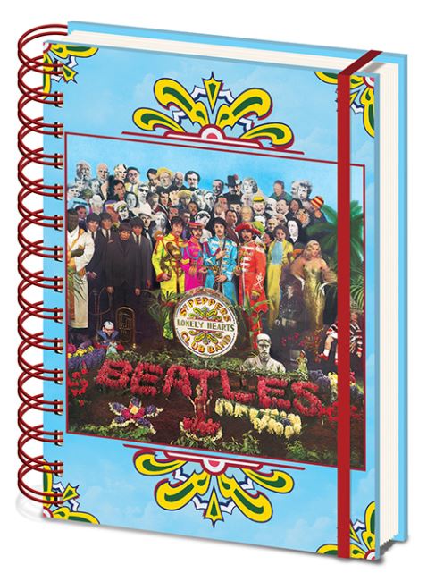 The Blue Dog Posters' "The Beatles Sgt Pepper A5 Spiral Notebk" is a premium spiral-bound notebook with a high-quality hard cover featuring the iconic album artwork from The Beatles' "Sgt. Pepper's Lonely Hearts Club Band." The vibrant collage of people, coupled with the band members in bright, elaborate uniforms, makes it a standout piece in any stationery gifts collection.
