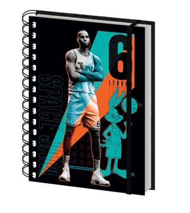 Introducing the Space Jam 2 Le Bron 6 Notebook by Blue Dog Posters: a spiral-bound notebook featuring a high-quality hard cover illustration of a basketball player in uniform standing with arms crossed, alongside a cartoon rabbit dressed in a basketball uniform. The iconic "Space Jam" logo and the number 6 are also visible on the cover, making it an ideal choice for sports fans seeking premium notebooks.