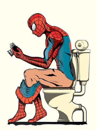 A comic-style illustration titled "Spiderman on the Toilet A5" by Wyatt9, from the brand fap, depicts Spider-Man sitting on a toilet with his costume partially pulled down. He looks at a camera he holds in his left hand with a contemplative expression barely visible through his mask, as if pondering whether this moment should be part of the Little Art series.