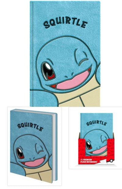 Three images of the Blue Dog Posters' A5 Premium Plush notebook with Squirtle on the cover. The top image is a close-up of the cover. The bottom left image shows the notebook slightly open, revealing its lined paper. The bottom right image displays the notebook in a retail box.
