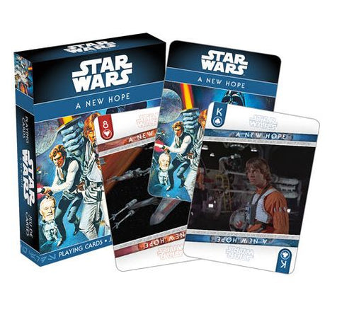 A deck from Blue Dog Posters: Star Wars MULTI COLOUR Action Figures Playing Cards, shown with the box and two cards, displaying artwork of Han Solo, Luke Skywalker, and others against a dramatic space-themed background.