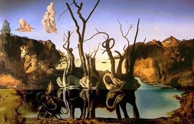 This artwork, titled "Salvador Dali Swans Reflecting Elephants" from MEZ 120, features a surreal landscape with barren trees by a lake. Swans on the water create reflections that transform into elephants against rocky cliffs under a blue sky filled with clouds. It’s an ideal choice for anyone looking to add a piece from the Decor Series or Classic Art Print collection to their home.