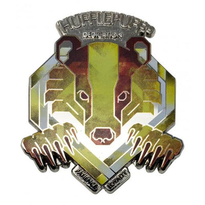 Introducing the Harry Potter Hufflepuff Pin Badge from Blue Dog Posters: This limited edition, metal embossed pin badge showcases a geometric, segmented design of a stylized badger, with "HUFFLEPUFF" at the top and "DEDICATION" beneath it. The words "PATIENCE" and "LOYALTY" are elegantly displayed at the bottom.