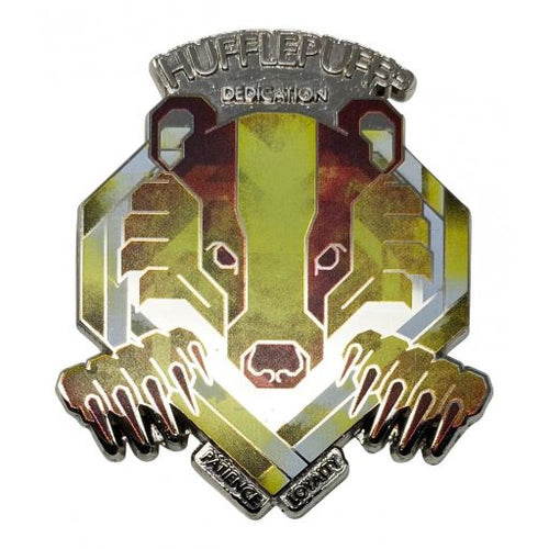 Introducing the Harry Potter Hufflepuff Pin Badge from Blue Dog Posters: This limited edition, metal embossed pin badge showcases a geometric, segmented design of a stylized badger, with "HUFFLEPUFF" at the top and "DEDICATION" beneath it. The words "PATIENCE" and "LOYALTY" are elegantly displayed at the bottom.