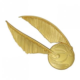 A stunning, golden spherical object with intricately designed wings extending from opposite sides, detailed with fine lines for a feather-like appearance, resembles the iconic Golden Snitch from the Harry Potter series. This exclusive item is a truly limited edition Blue Dog Posters Harry Potter Ltd Edn Snitch Pin Badge.