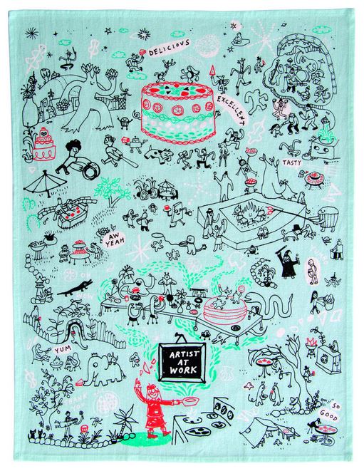 A whimsical illustration filled with various stylized characters engaged in the process of baking, decorating, and eating fanciful cakes. A prominent large cake and "Artist at Work" sign are depicted on a high quality cotton Artists at Work Dish Towel by Blue Dog Posters, surrounded by trees, stars, and excitable figures celebrating.