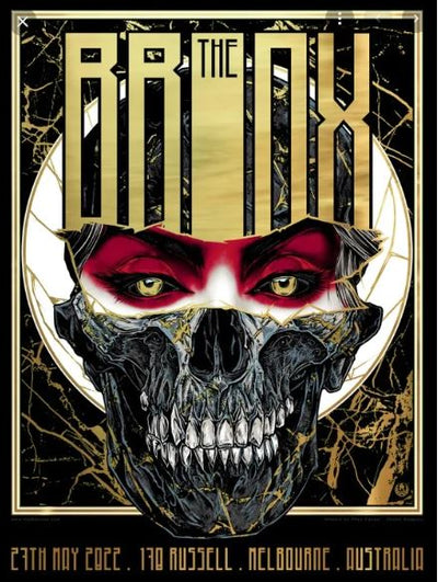 The limited edition "The Bronx Melbourne" concert poster by Blue Dog Posters features a dark and skeletal face with yellow eyes and striking red makeup. Metallic gold and black text prominently display the band's name, the date of 27th May 2022, and the venue at 170 Russell, Melbourne, Australia. The exclusive silkscreen print adds a unique touch.