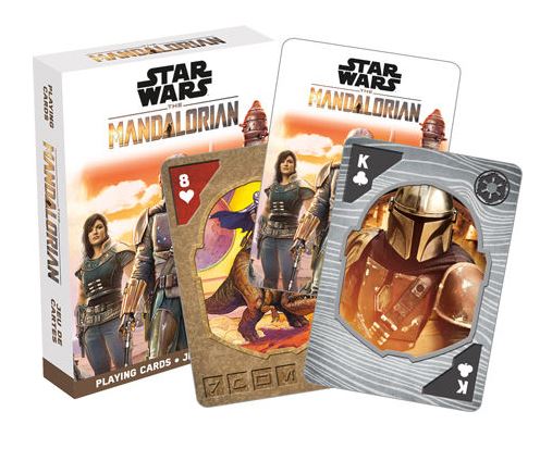 A box of Star Wars The Mandalorian Playing Cards by Blue Dog Posters. In front of the box, an 8 of hearts card featuring a character and artwork of a creature, and a King of clubs card showcasing the Mandalorian in his armor, are displayed. Perfect for your Cool Gifts Collection or game nights filled with laughs.