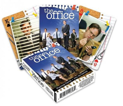 A deck of *The Office Cast Playing Cards* by *Blue Dog Posters*. Measuring 11cm x 7.5cm, the box features group shots of the cast on both sides, with individual character images on the face cards. One card shows a man looking through blinds and another shows a man examining a device. A cool gift for fans!
