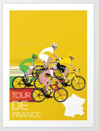 Illustration of four cyclists racing, each wearing different colored jerseys (green, red polka dot, white, and yellow) against a yellow background. Text reads "TOUR DE FRANCE" with an outline of France in white at the bottom right corner. This Art Print titled "Tour De France Yellow by Wyatt Design" is part of our exclusive Gallery Series on archival paper from Blue Dog Posters.