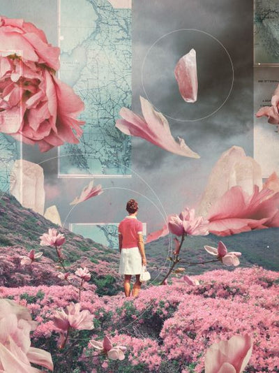 Trying to Accept the Distance by Frank Moth: This surreal art print from Blue Dog Posters features a collage of a person in a pink and white dress standing in a field of pink flowers, with floating rose petals, pink crystals, and map fragments. The sky transitions from blue to stormy grey, creating a dreamy, otherworldly feel. Part of the Featured Artists Collection.